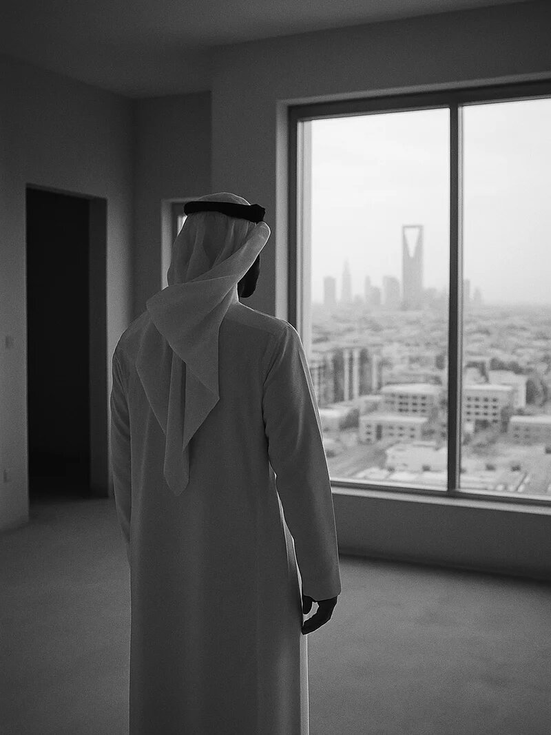 رجل بثوب أبيض يقف في فيلا جديدة أمام نافذة تطل على الرياض