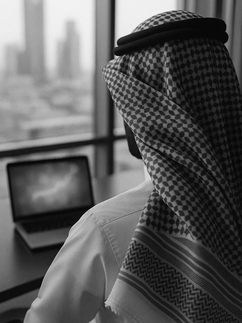 رجل بشماغ من خلف كتفه ينظر إلى شاشة حاسوب محمول
