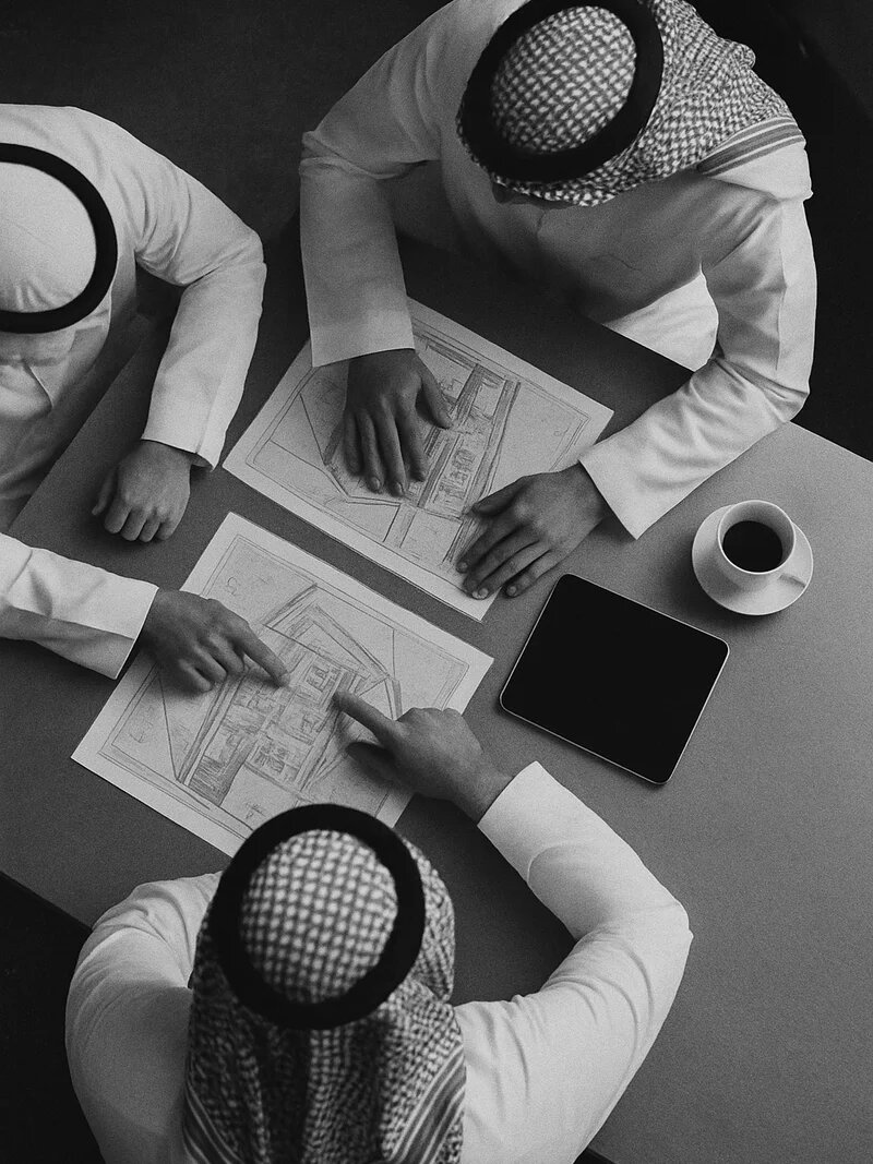 ثلاثة رجال حول طاولة اجتماع عليها مخططات وجهاز لوحي، من الأعلى